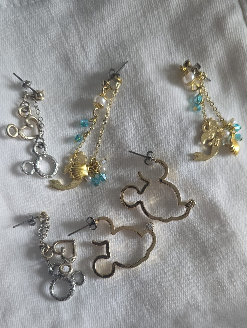 DISNEY Mickey Mouse Dangle & Stud Earrings, Little Mermaid Ariel Earrings 3 Pair